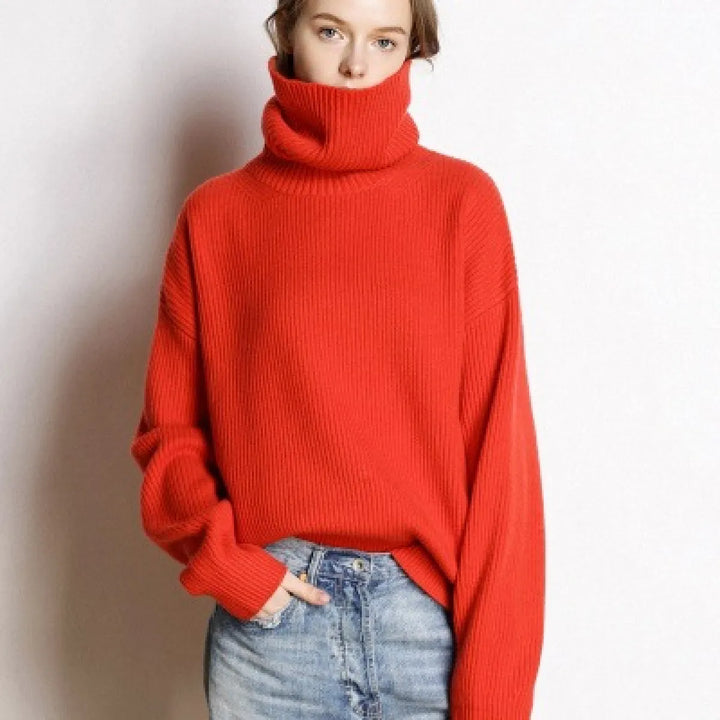 Pull ample femme décontracté, col roulé chaud, mode hiver confortable.