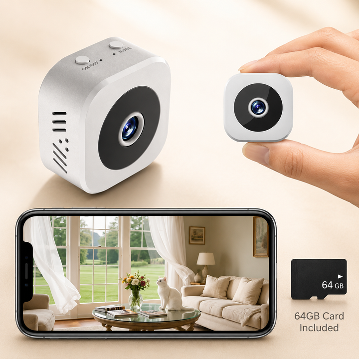 Caméra surveillance 1080p intérieure, fonctionne jour et nuit avec vision nocturne, connectée sans fil.