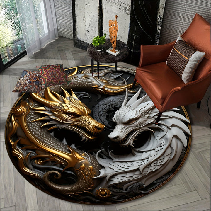 Tapis rond asiatique avec dragon volant, couleur vive, idéal pour une chambre d'enfant ou un salon moderne.