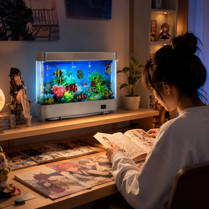 Lampe aquarium rétro LED AquaDream avec poissons artificiels, luminosité réglable, décoration maison relaxante.