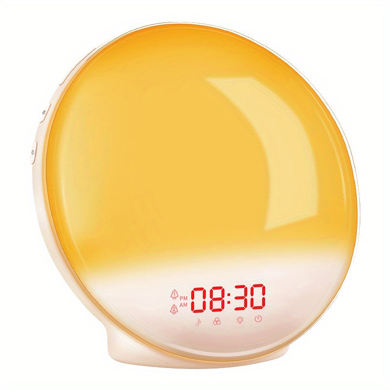 Réveil digital Halo Light simulant le lever de soleil, idéal pour un réveil doux et un matin serein.