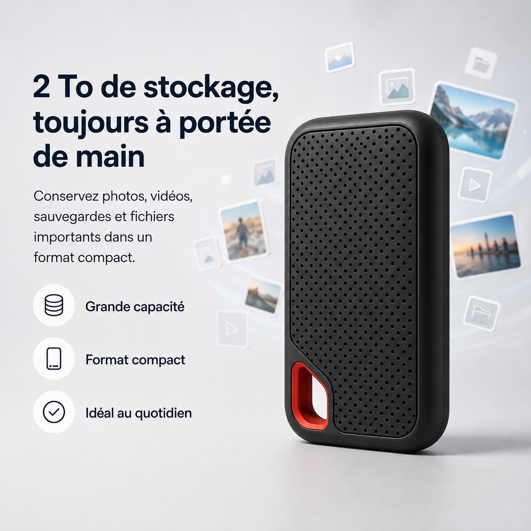 SSD portable 2 To USB-C compact, idéal pour vos données importantes et sauvegarde en déplacement facile.