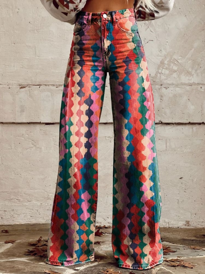 Pantalon large vintage taille haute pour femmes, confortable et élégant, style rétro décontracté.
