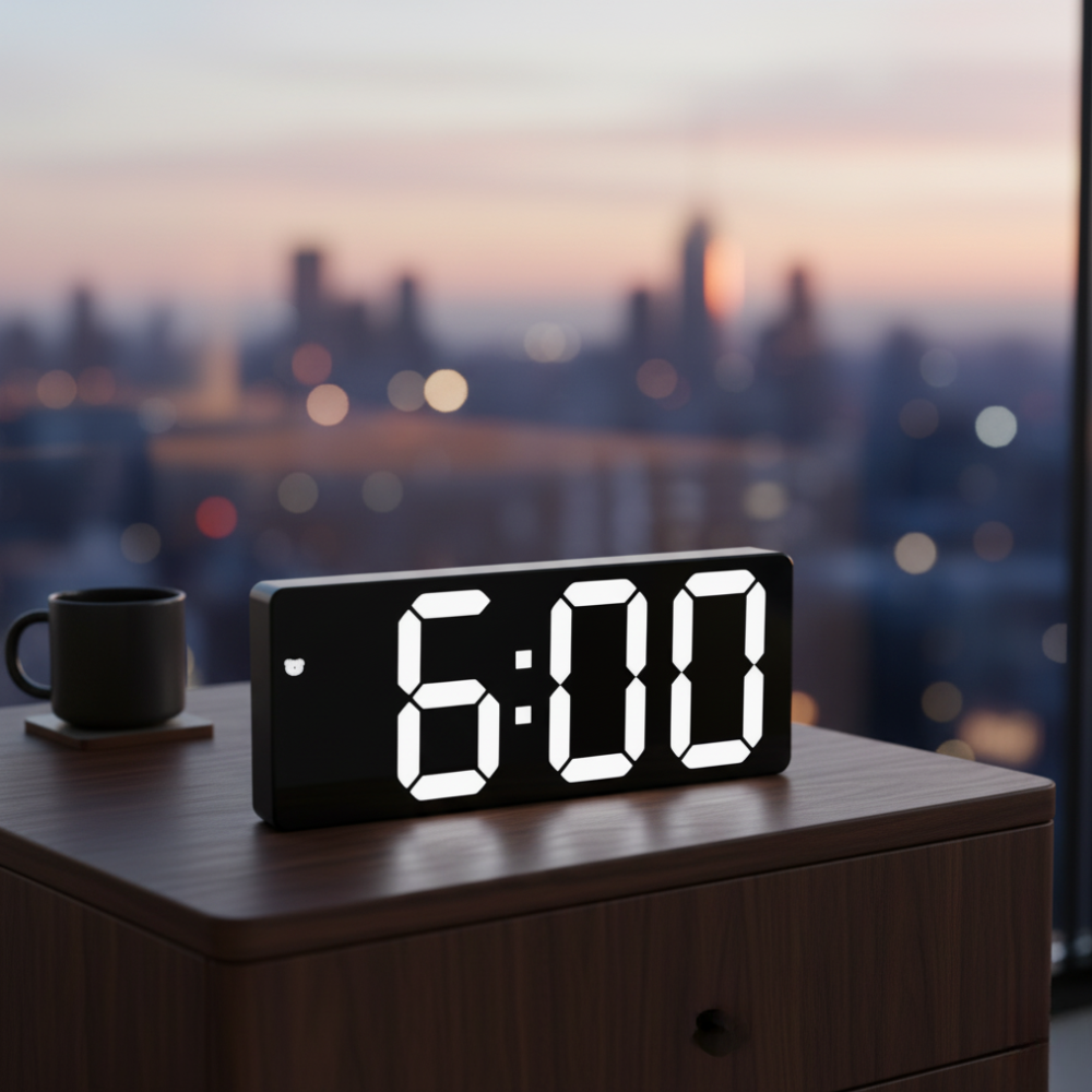 Horloge numérique LED avec grand écran pour une lecture facile de l'heure et température.