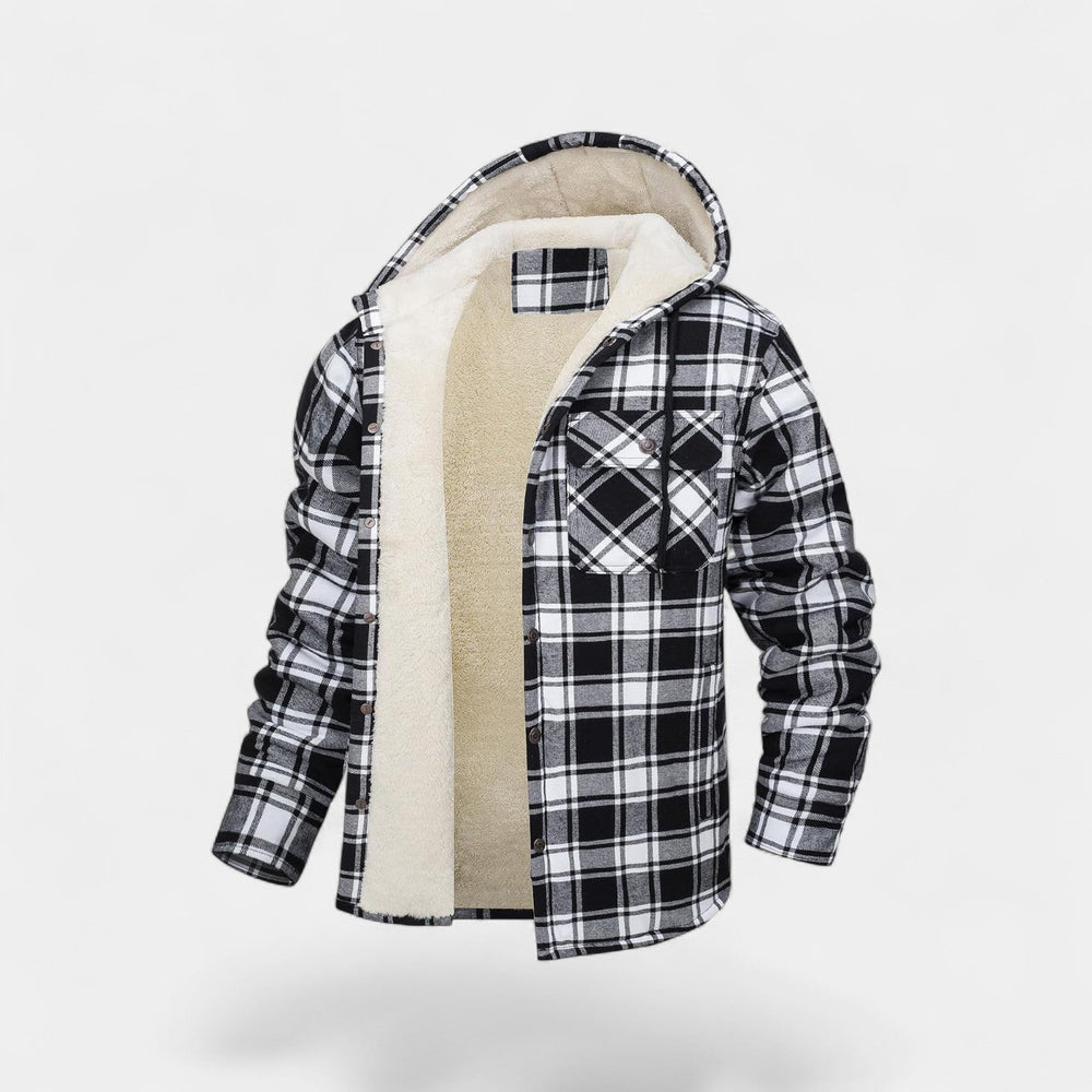 Blouson homme à carreaux et capuche, offrant chaleur optimale et confort pour les journées froides d'hiver.