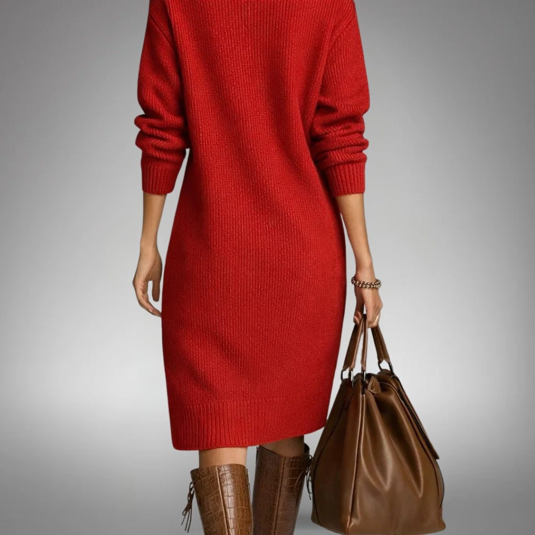 Robe midi élégante femme, col montant, coupe détendue. Maille chaude, idéale pour l'hiver et le confort.