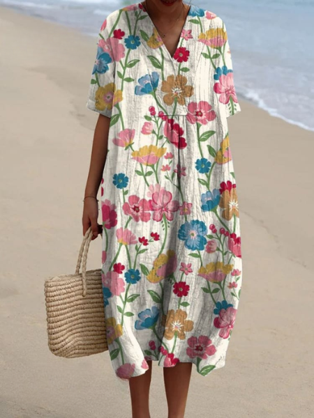 Robe florale décontractée pour femme, été, tissu léger, parfaite pour un look printemps-plage stylé.