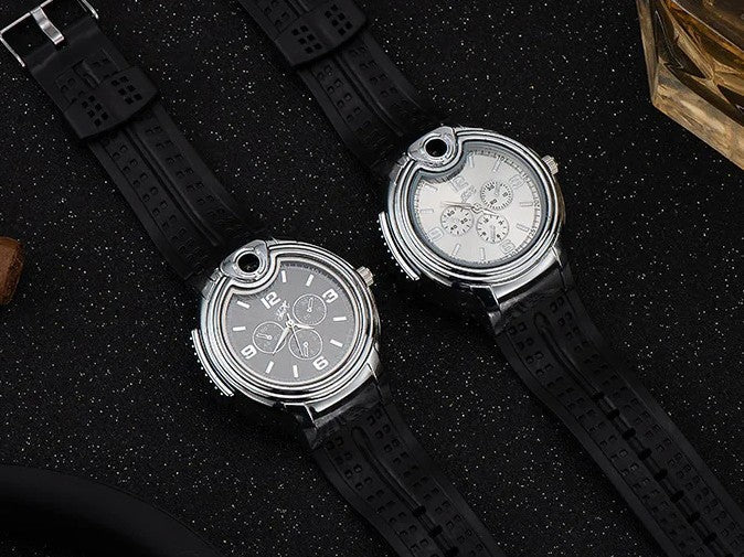 Montre-briquet à gaz coupe-vent pour homme, bracelet noir. Design élégant et pratique, idéal pour tout style.