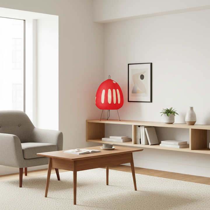 Lampe de table Japandi, papier de riz, diffusion de lumière douce pour détente.