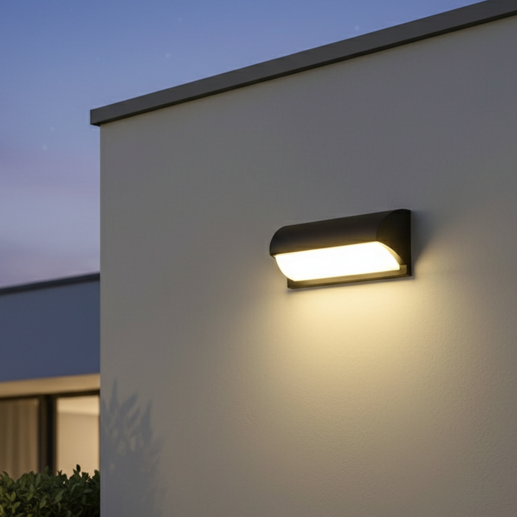 Éclairage mural LED contemporain, étanche. Idéal pour sécuriser porche, entrée, jardin, avec design moderne et sobre.