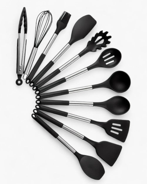 Ensemble d'outils de cuisine en silicone robuste et durable, un essentiel pour la maison et la préparation quotidienne.