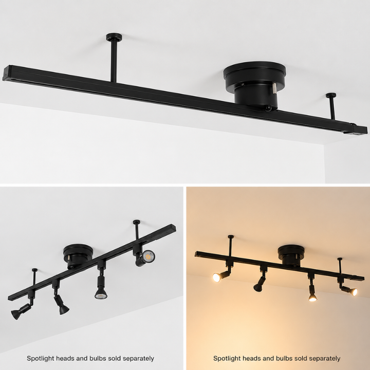 Rail d'éclairage suspendu et réglable pour spots, flexibilité lumineuse salon ou cuisine.