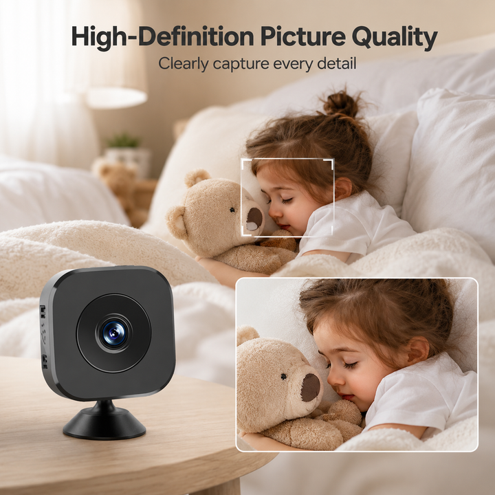 Petite caméra de surveillance WLAN 1080p, vision nocturne, idéale pour sécurité domicile connectée.