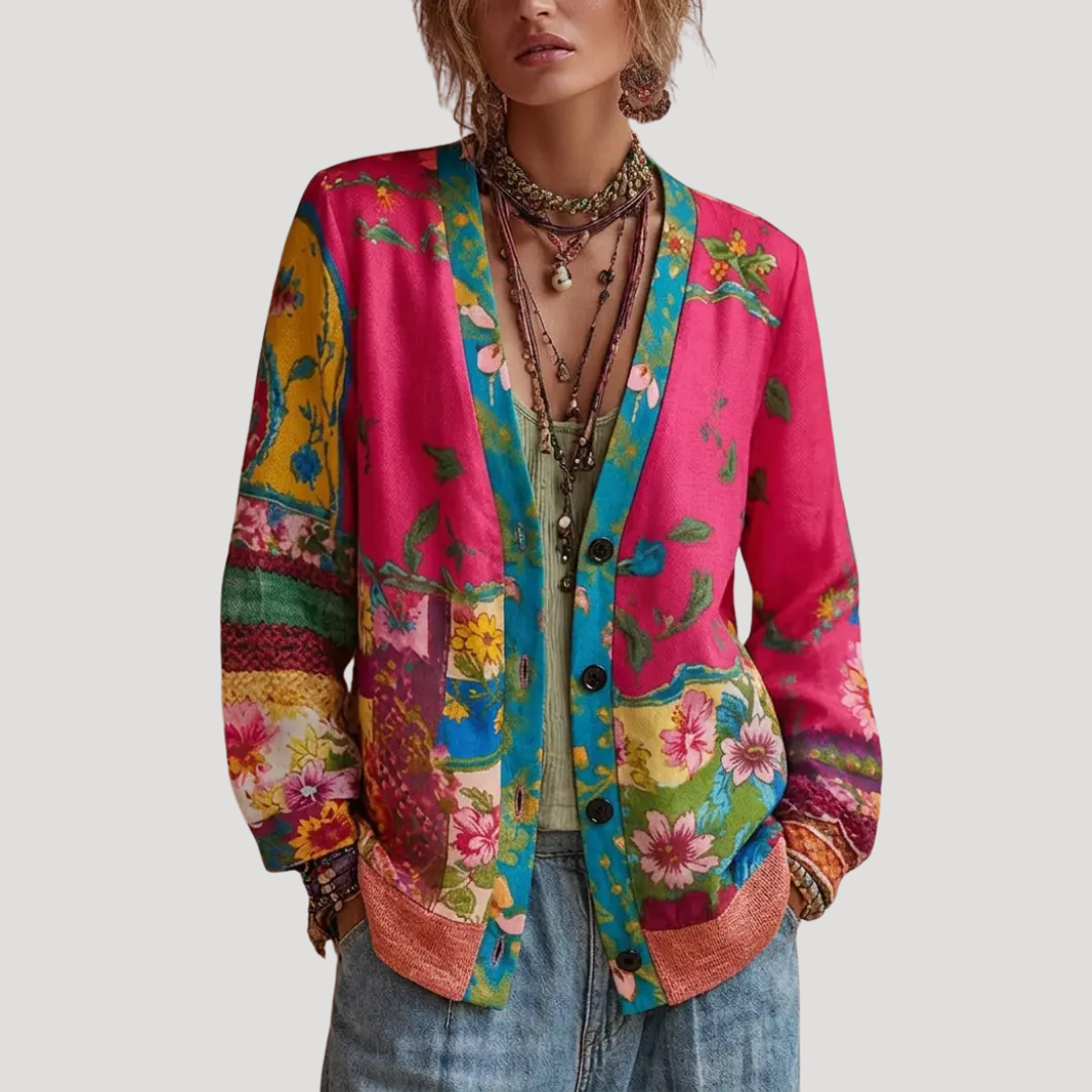 Cardigan fleuri boutonné rose pour femme, élégant et chic, idéal printemps/automne.