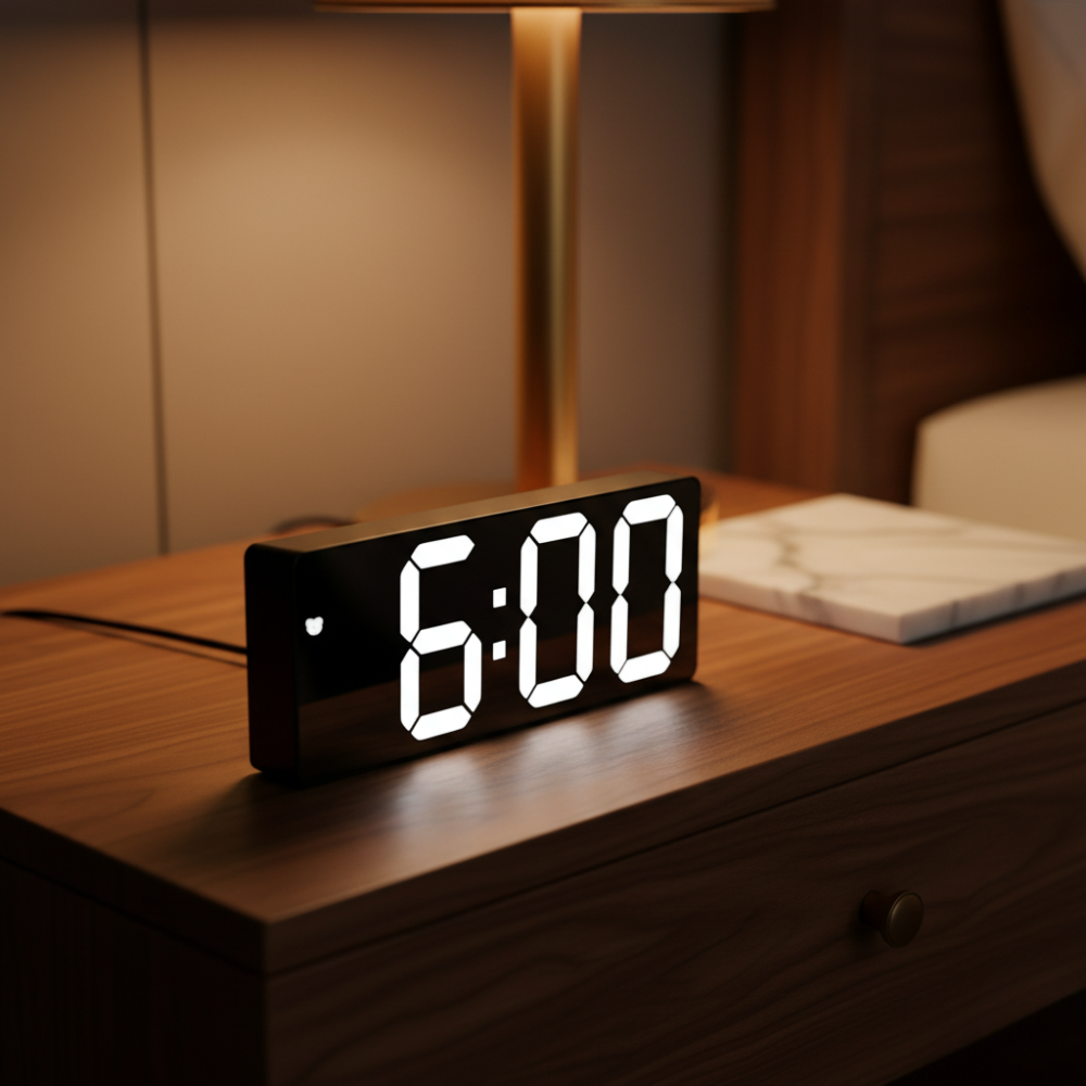 Réveil de chevet avec surface miroir et affichage LED de l'heure, fonction snooze.