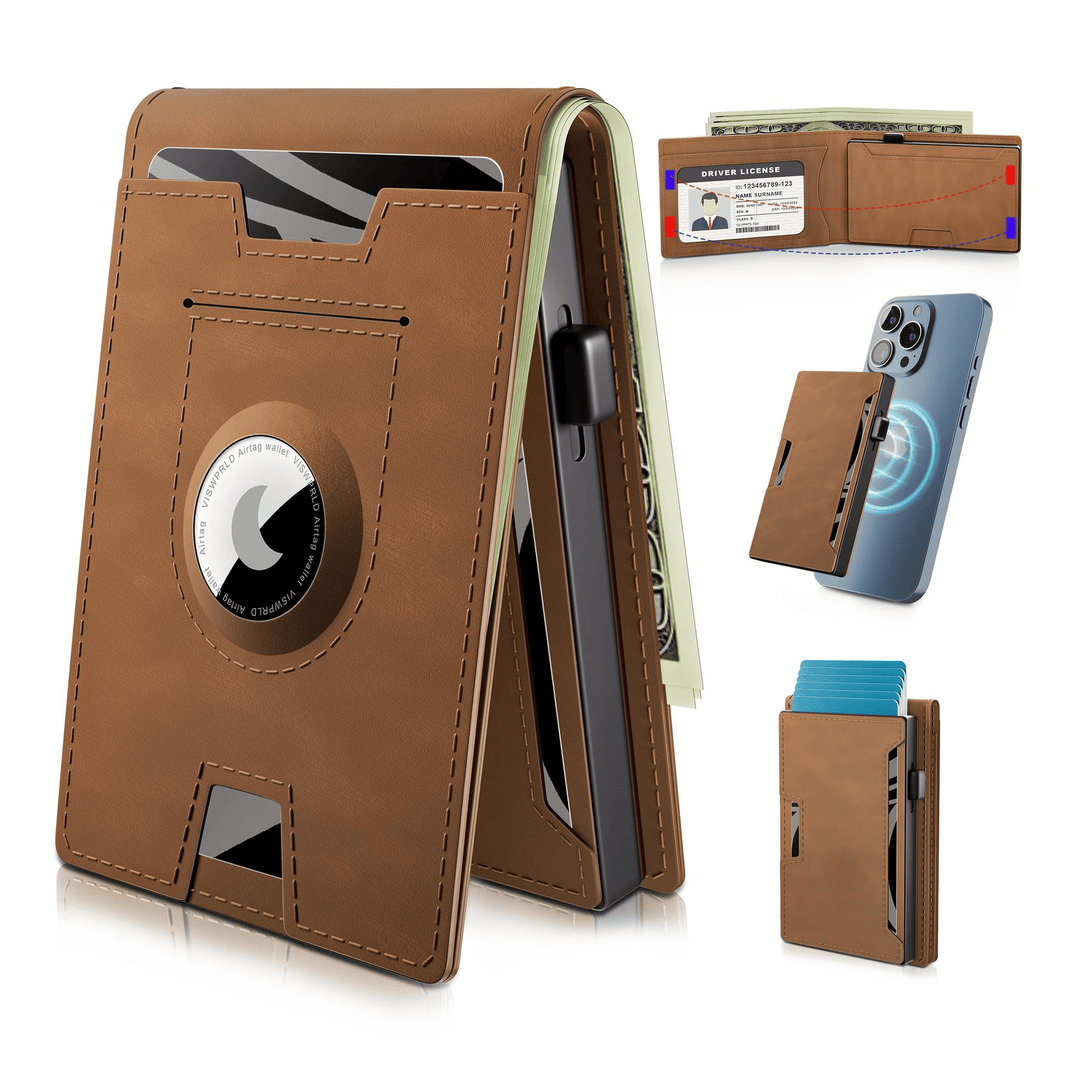 Porte-cartes compact en aluminium et cuir marron, slim, RFID, pour AirTag.
