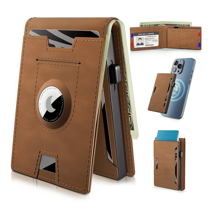 Porte-cartes compact en aluminium et cuir marron, slim, RFID, pour AirTag.