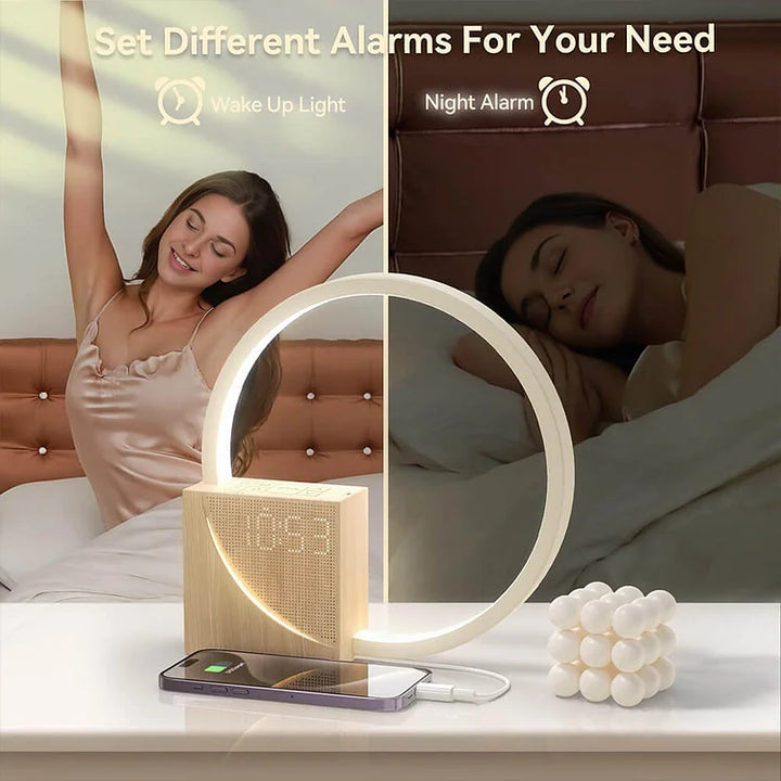 Lampe de chevet ambiante et veilleuse, réveil tactile avec horloge numérique, bois et alu.