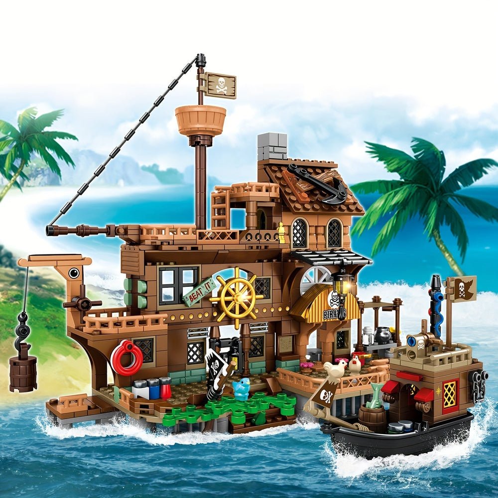 Enfant jouant avec un grand navire pirate en briques, imaginant des aventures de corsaires. Idéal pour le jeu créatif.