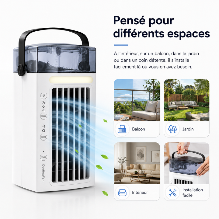Ventilateur brumisateur compact avec fonction climatiseur, design élégant pour un été agréable.
