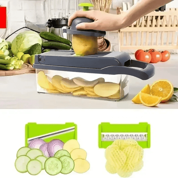 Ustensile coupe-légumes polyvalent en action, découpant des légumes frais avec précision et rapidité.