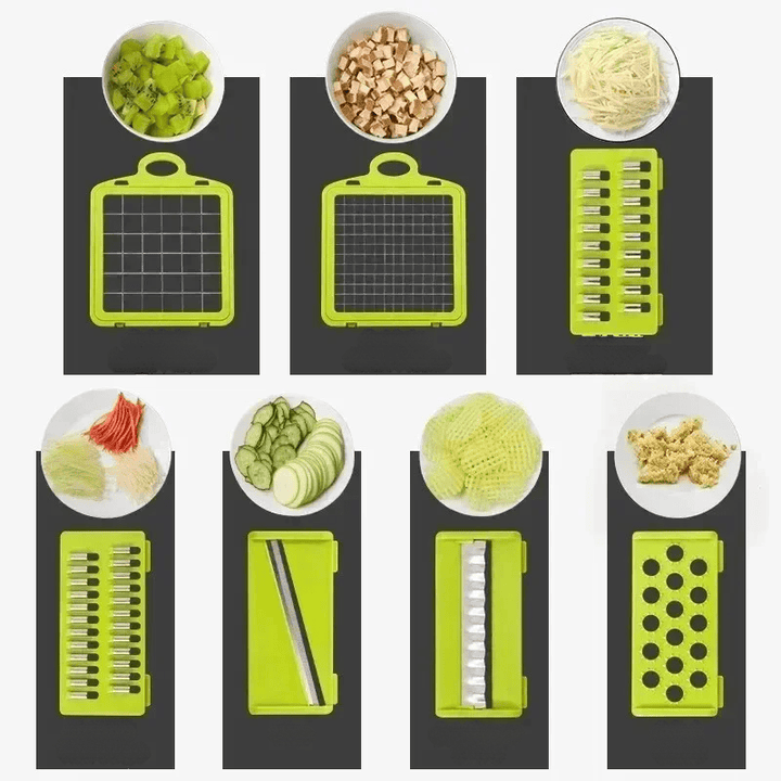 Variété de lames pour coupe-légumes multifonction : râpe, mandoline et hachoir pour diverses découpes.