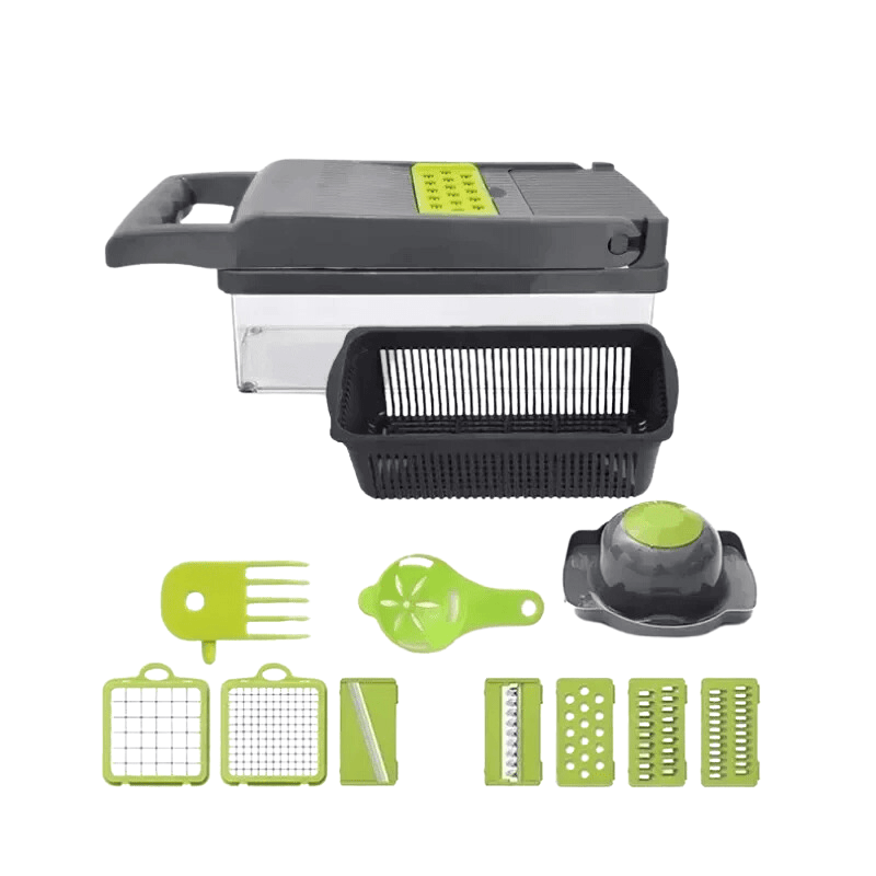 Mandoline coupe-légumes avec poignée ergonomique et protection, assurant une découpe sûre et efficace.