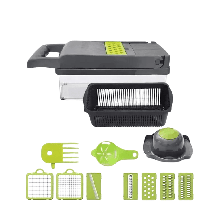 Mandoline coupe-légumes avec poignée ergonomique et protection, assurant une découpe sûre et efficace.