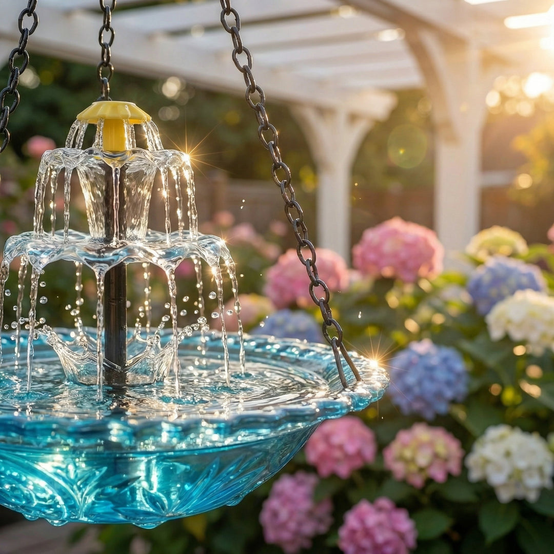 Fontaine solaire cascade zen suspendue pour jardin, abreuvoir oiseaux, sans fil, ambiance relaxante.