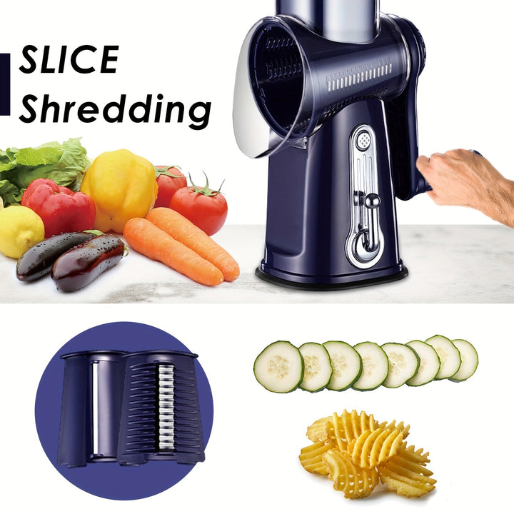 Accessoire cuisine 5-en-1: lames interchangeables pour râpe rotative multifonctionnelle. Préparation facile.