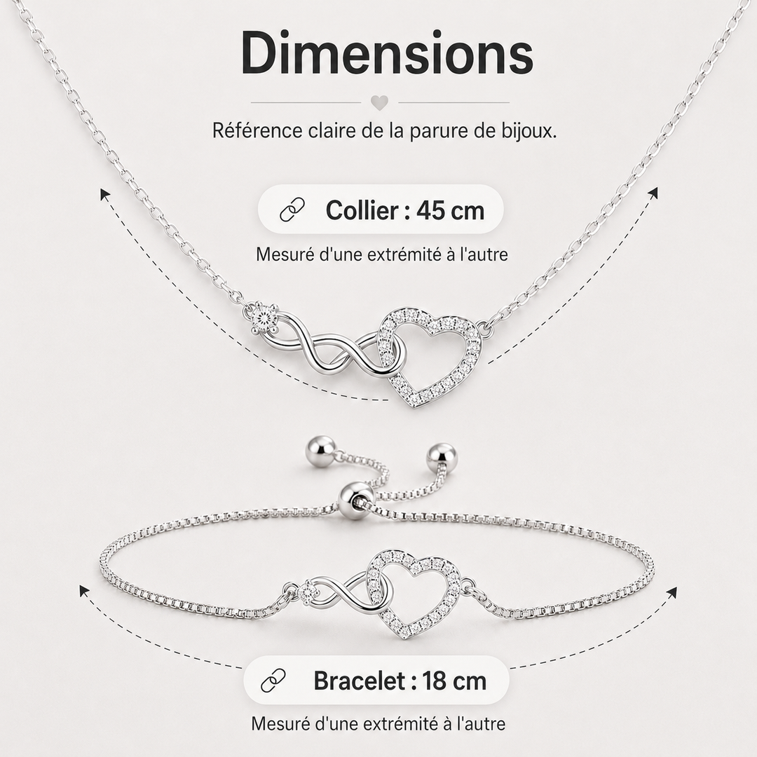 Ensemble 'InfinityLove' : collier et bracelet cœur pour femme, finition argentée.