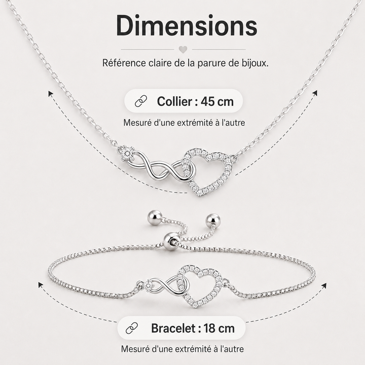 Ensemble 'InfinityLove' : collier et bracelet cœur pour femme, finition argentée.