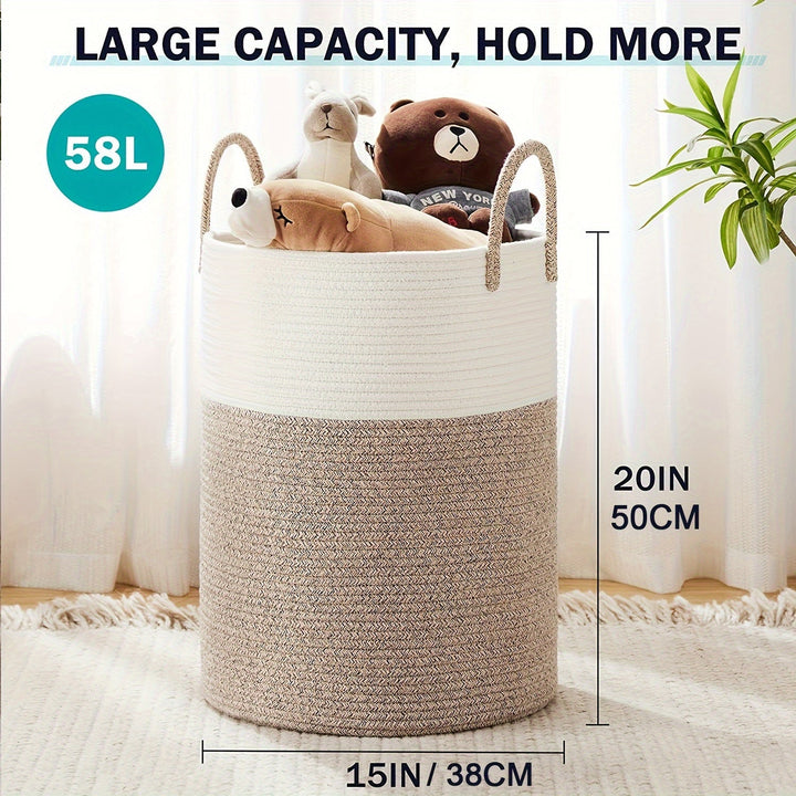 Organisation maison avec panier à linge décoratif en coton et jute.