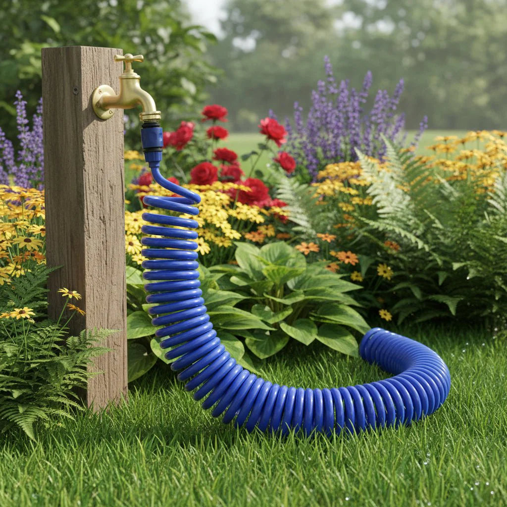 Tuyau de jardin spiralé compact pour un arrosage facile et sans nœuds.