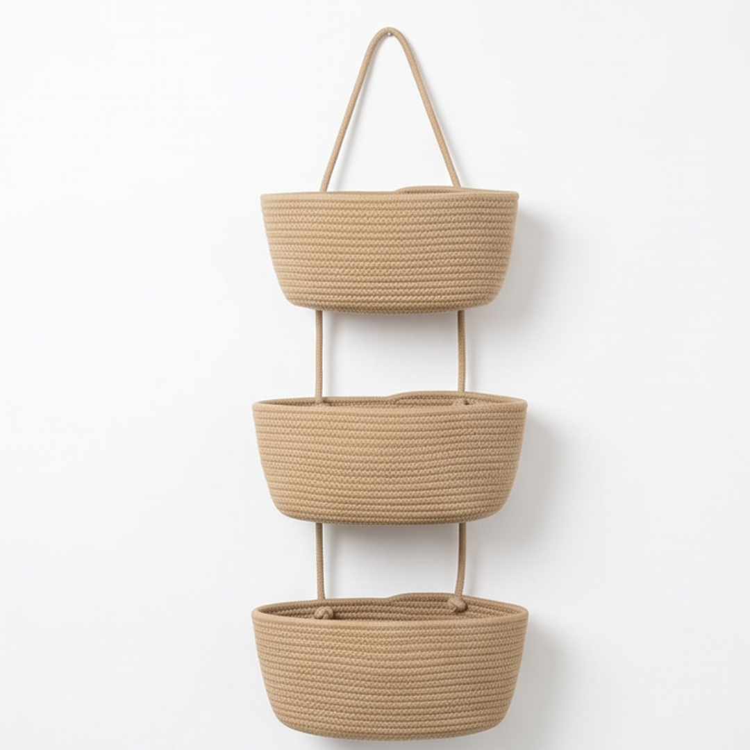 Suspension de rangement 3 compartiments en coton beige, facile à installer sur toute porte.
