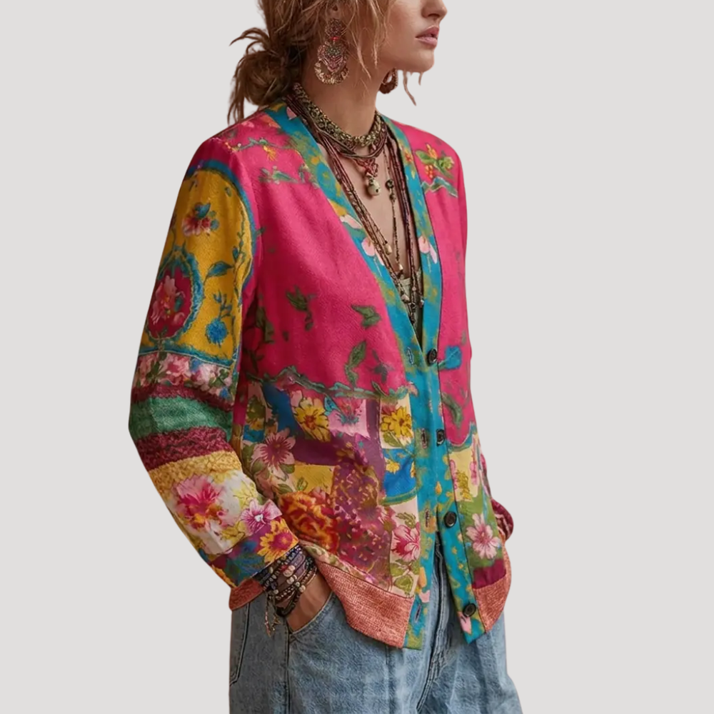 Cardigan femme brodé fleuri délicat, boutons roses, confortable et élégant pour toute saison.