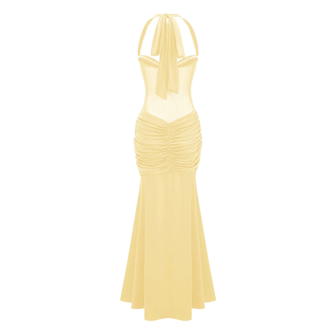 Robe longue femme Elira coupe élégante, drapé flatteur sur le devant. Parfaite pour une silhouette sophistiquée.