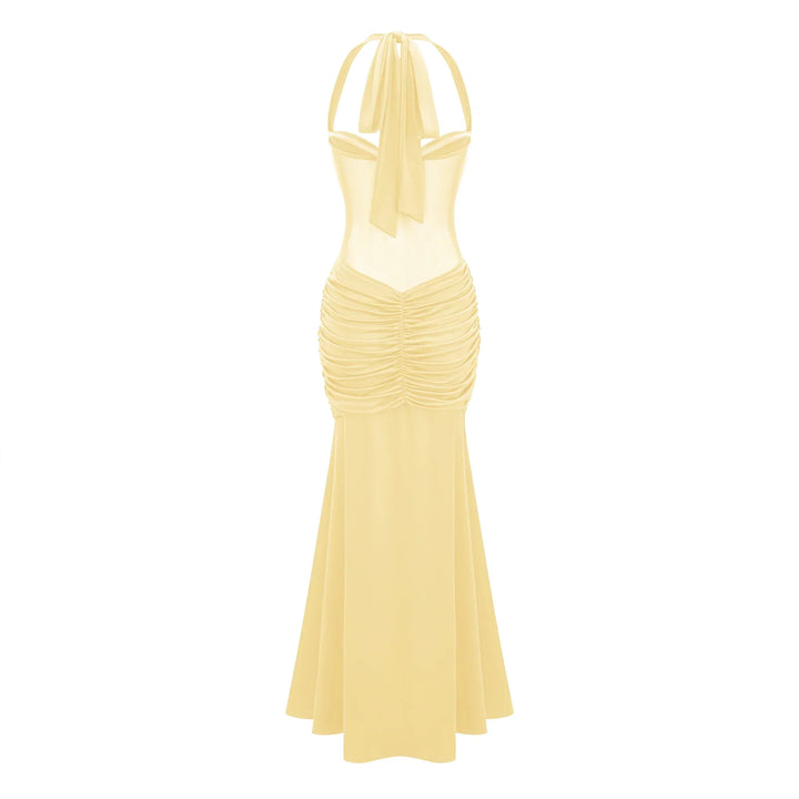 Robe longue femme Elira coupe élégante, drapé flatteur sur le devant. Parfaite pour une silhouette sophistiquée.