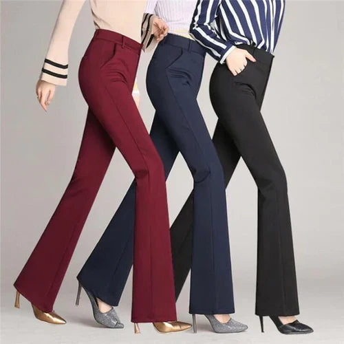 Pantalon évasé taille haute Mila, extensible et confortable, disponible en noir, bordeaux, bleu marine. Mode chic femme.