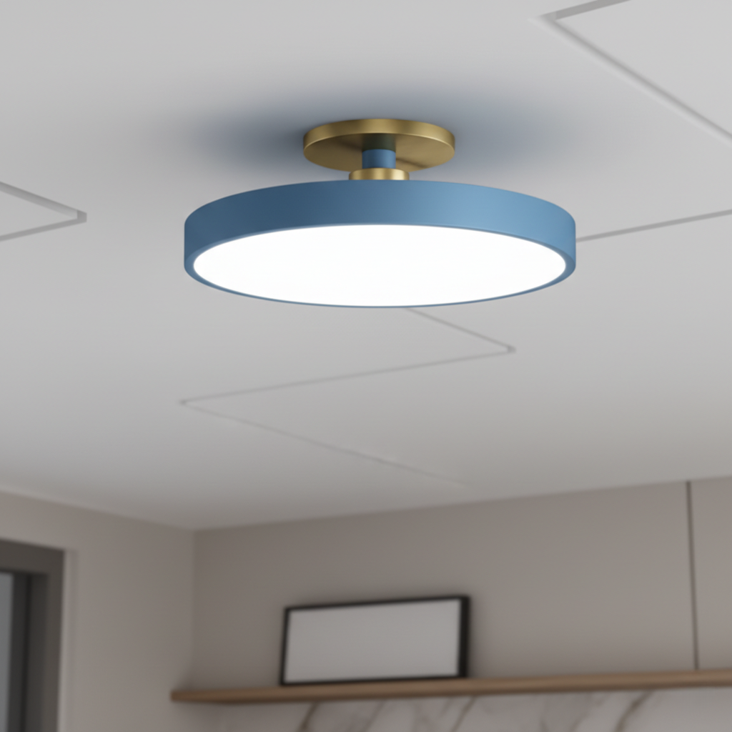 Plafonnier LED encastré bicolore, ambiance lumineuse modulable, design géométrique.