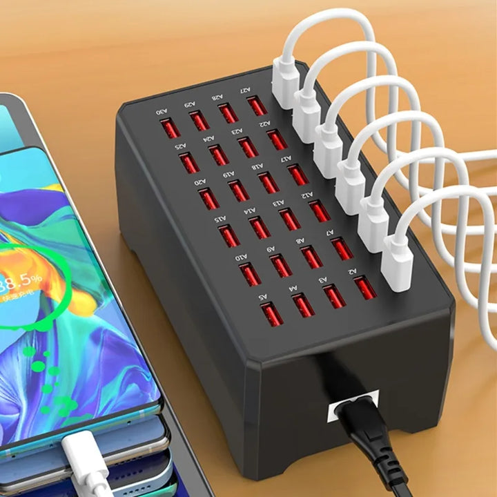 Chargeur USB multi-ports rapide 150W ChargeMax 30 avec prise UE, organisateur d'appareils électroniques pour bureau.