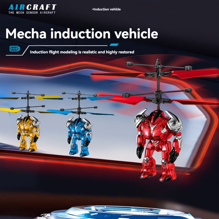 Jouet hélicoptère télécommandé mecha, robot transformable, action dynamique.