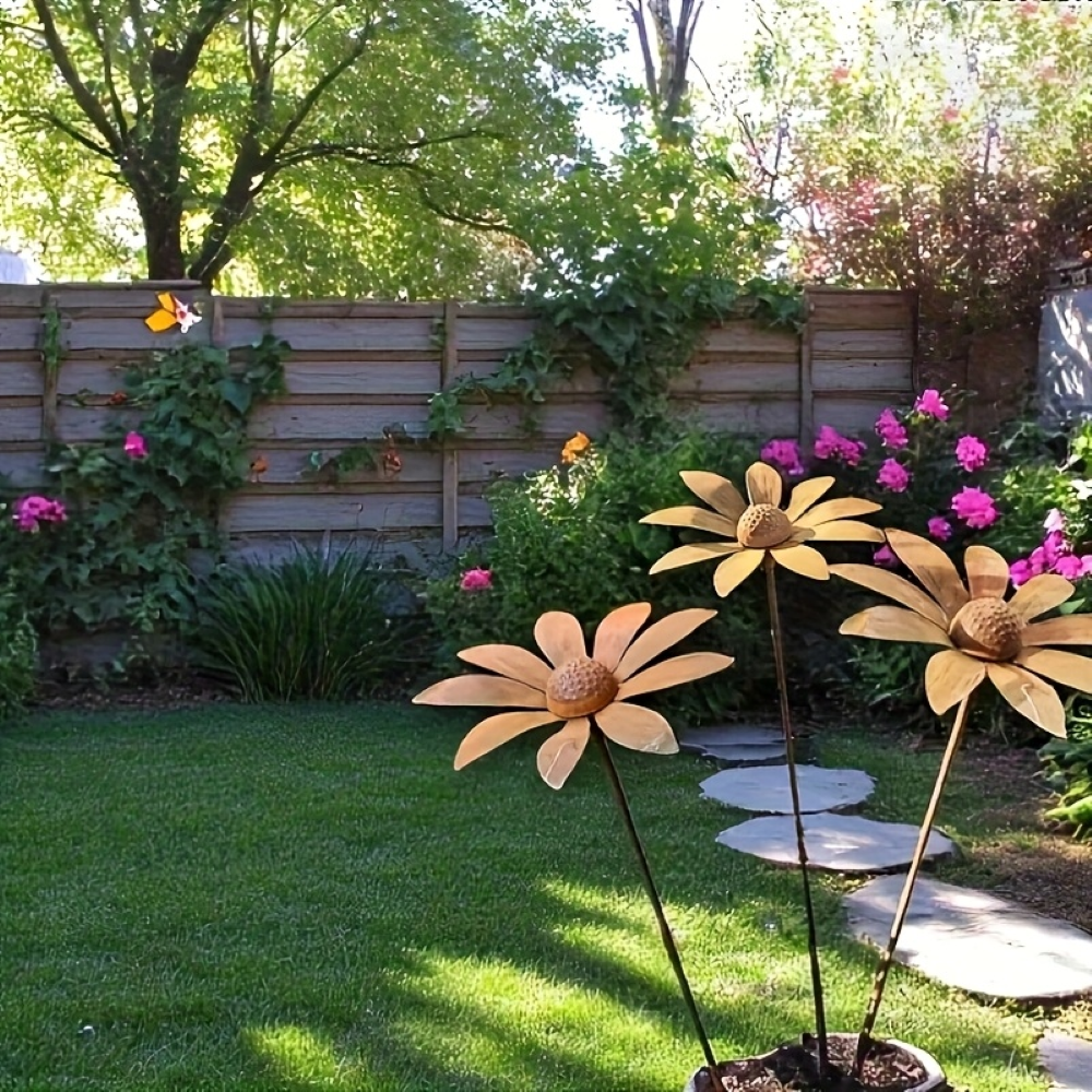 Élégante fleur de camomille en métal, tuteur de jardin rustique, touche unique pour aménagement paysager.