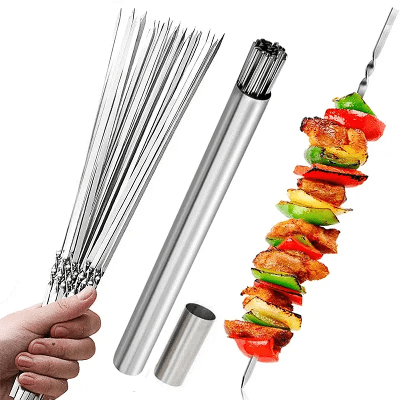 Brochettes robustes en inox, idéales pour viandes et légumes au barbecue. Set de 20 pièces pour grillades.