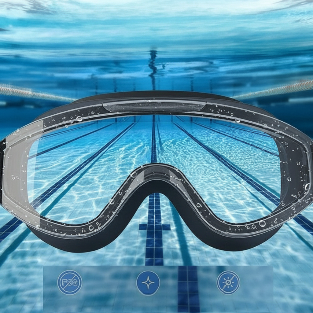 Gros plan sur des lunettes de natation HD adultes, design ergonomique, anti-buée pour piscine.
