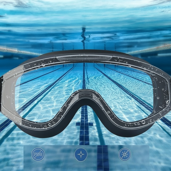 Gros plan sur des lunettes de natation HD adultes, design ergonomique, anti-buée pour piscine.