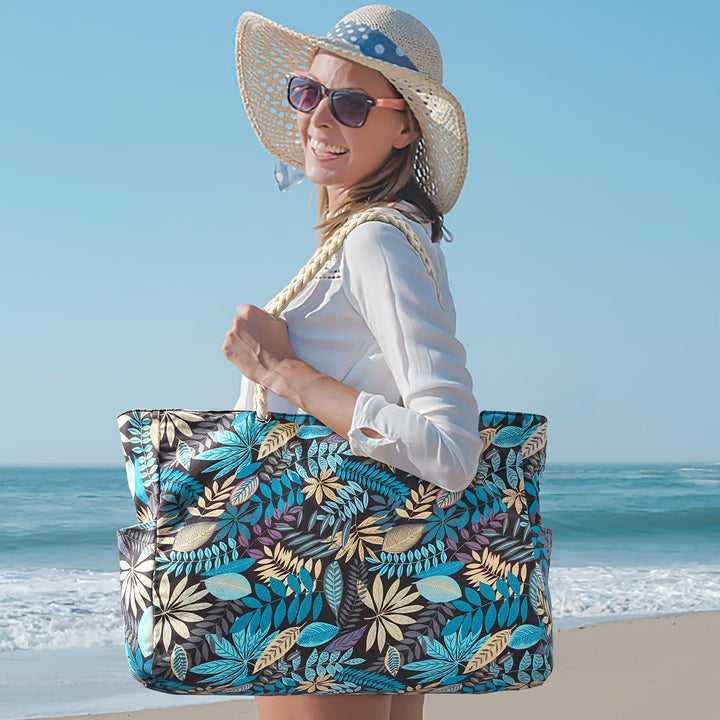 Sac de plage spacieux pour femme, imprimé feuilles. Idéal pour transporter vos affaires en vacances.