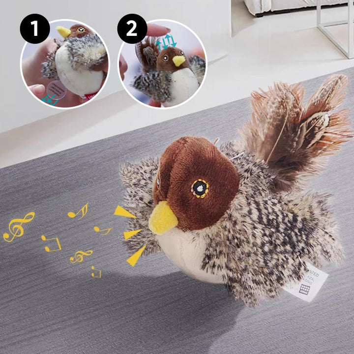 Jouet de divertissement pour chat, rechargeable, avec plumes et sons pour une interaction longue durée.