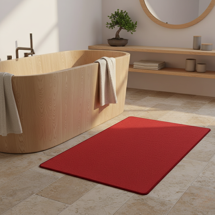 Tapis de bain moderne, design élégant, antidérapant et absorbant pour toute salle de bain contemporaine.