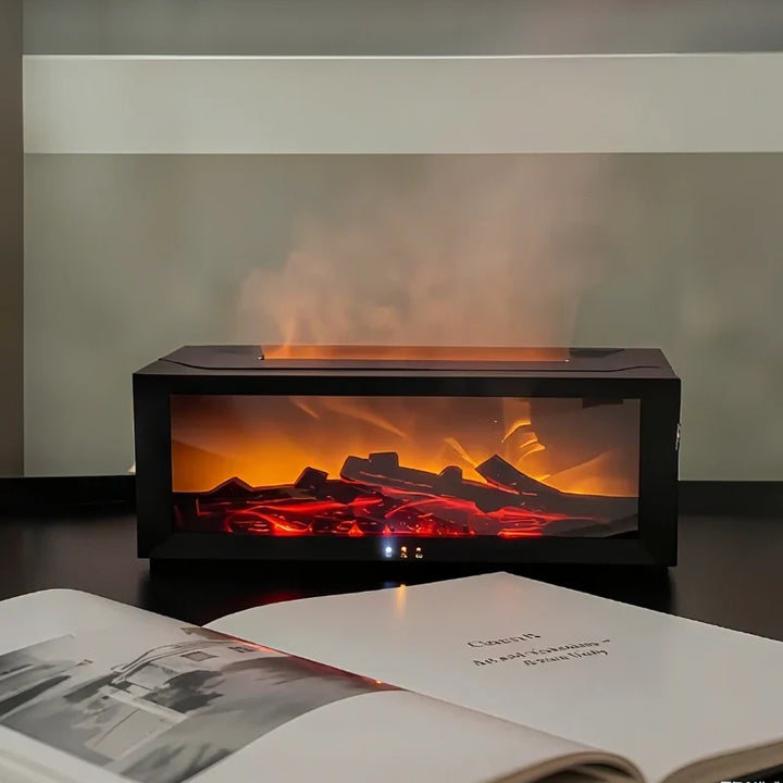Humidificateur HearthGlow posé sur une table, éclairant la pièce avec son effet flamme et brume.